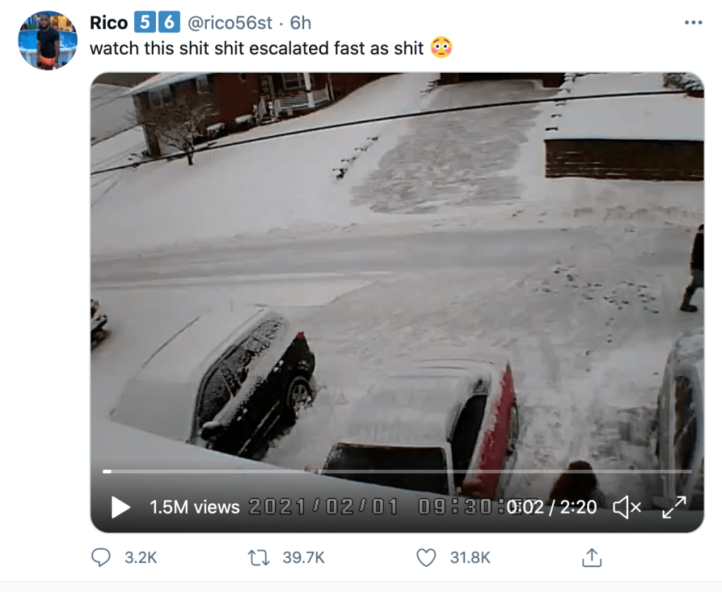 A Tweet reading "watch this shit shit escalated fast as shit." 3.2K replies, 39.7K retweets, 31.8K likes. First frame of video.