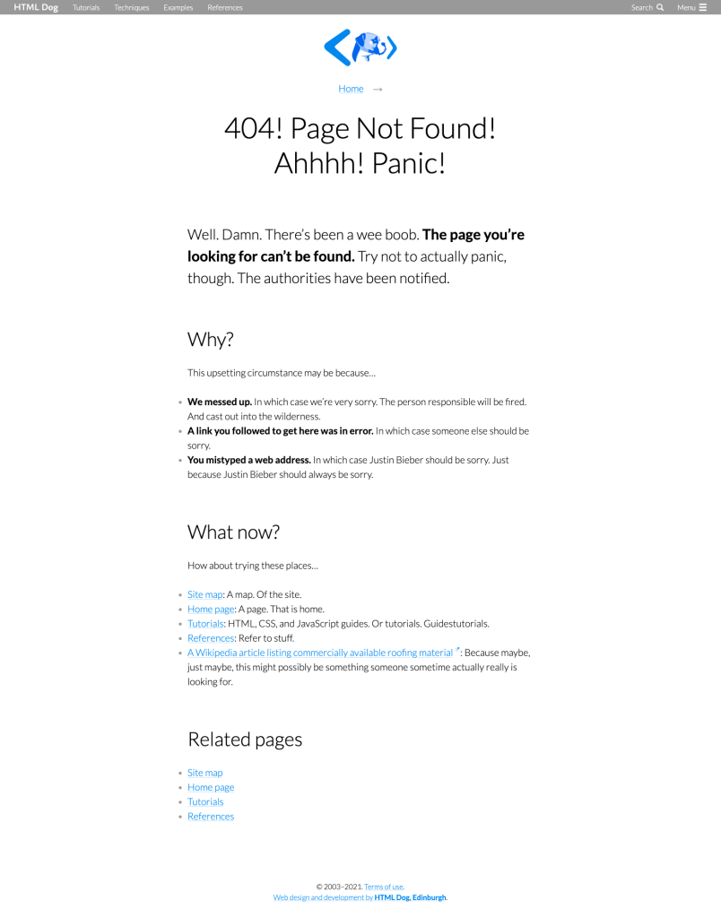 Obnoxious 404 page from HTML Dog